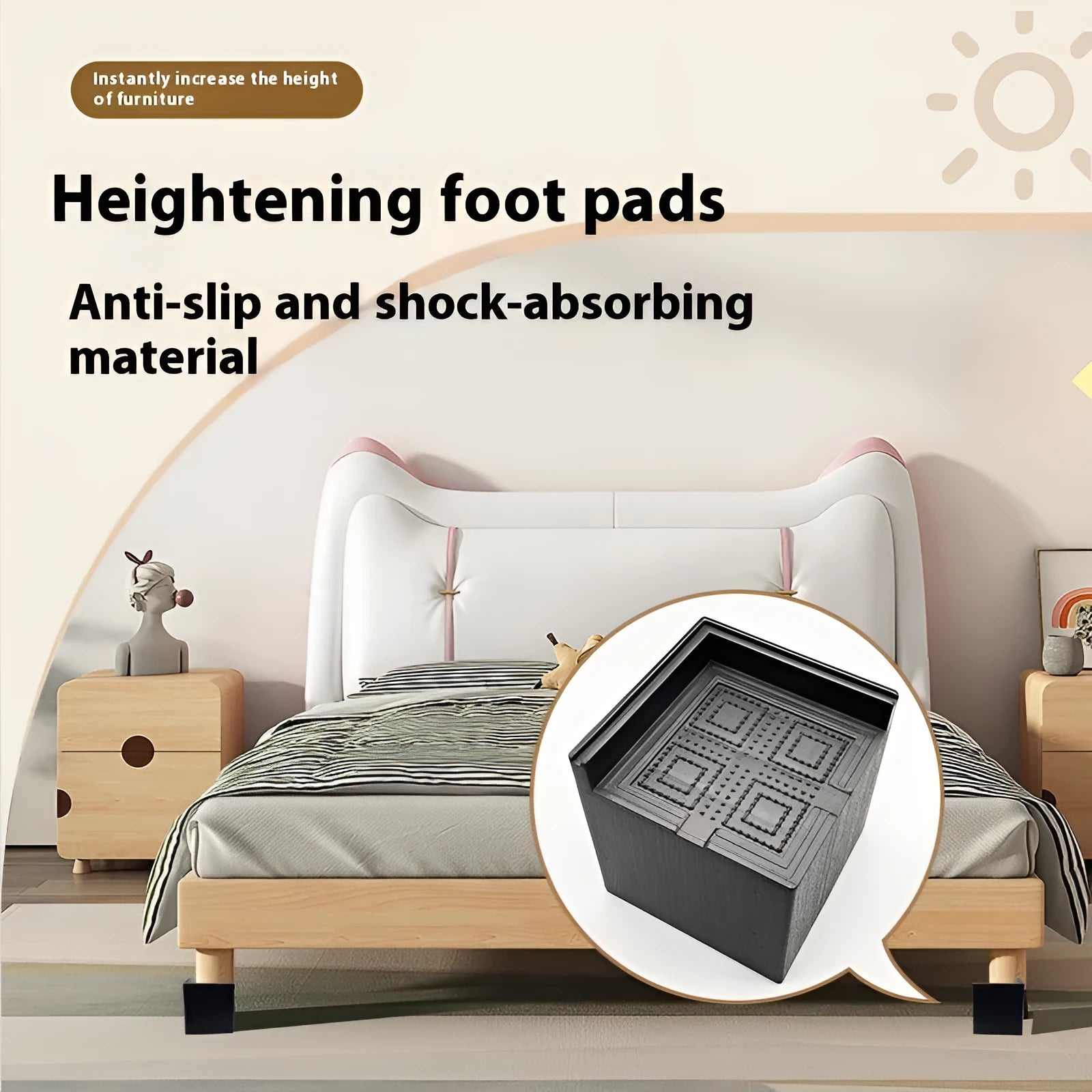 Four black thickened plastic furniture feet mats for height adjustment