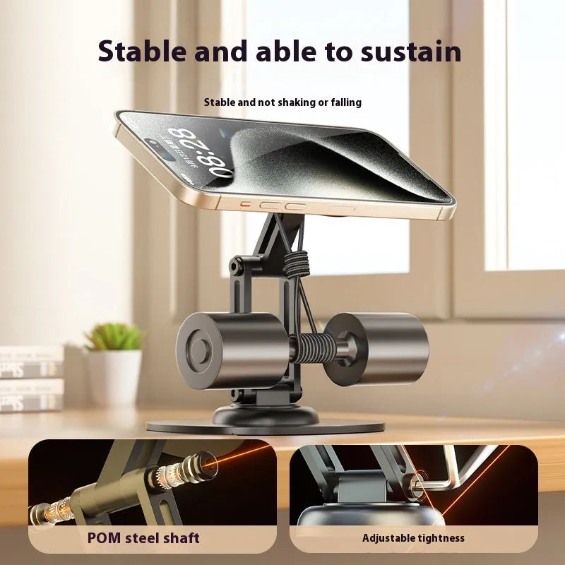 360 rotating foldable phone stand in black ABS material on a desk for live streaming