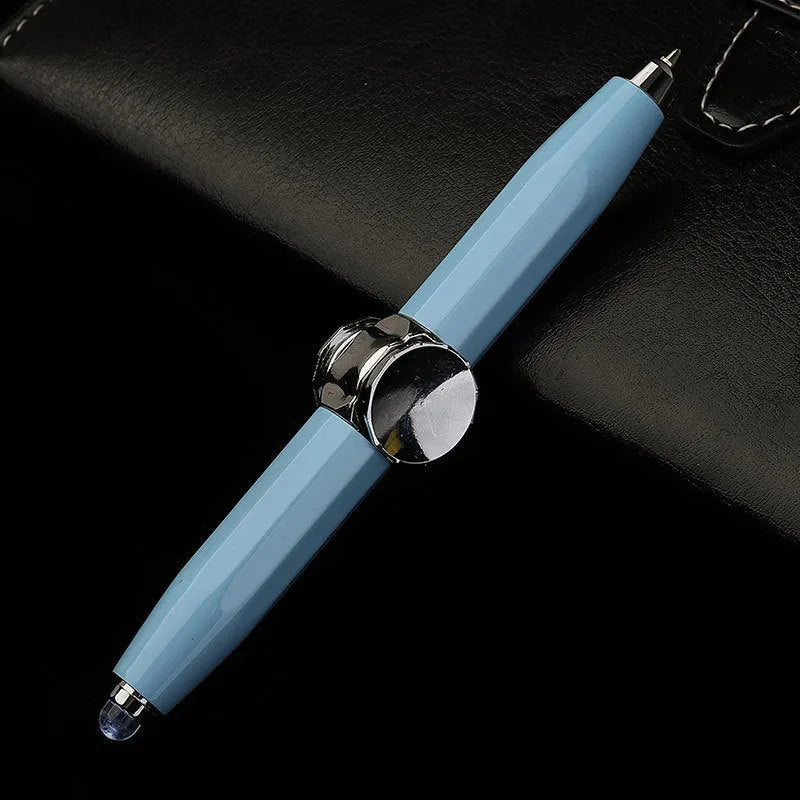 Metal ballpoint pen with integrated fingertip spinner and LED lights, shown in hand