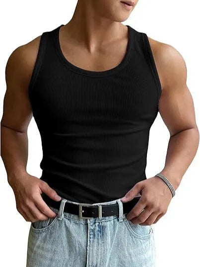 Men's tight-fitting round neck fitness T-shirt in black, made from polyester with a wool lining.
