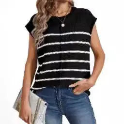 Women's striped sleeveless pullover casual top in apricot colour showing striped seam bone stitching detail.
