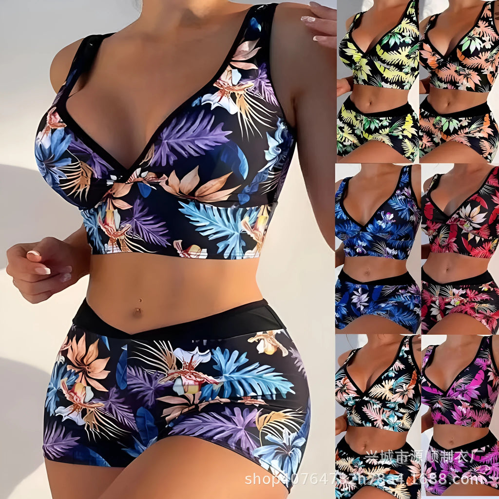 Women's two-piece swimsuit set with printed boxer shorts and a sleeveless bikini top in multiple colours.