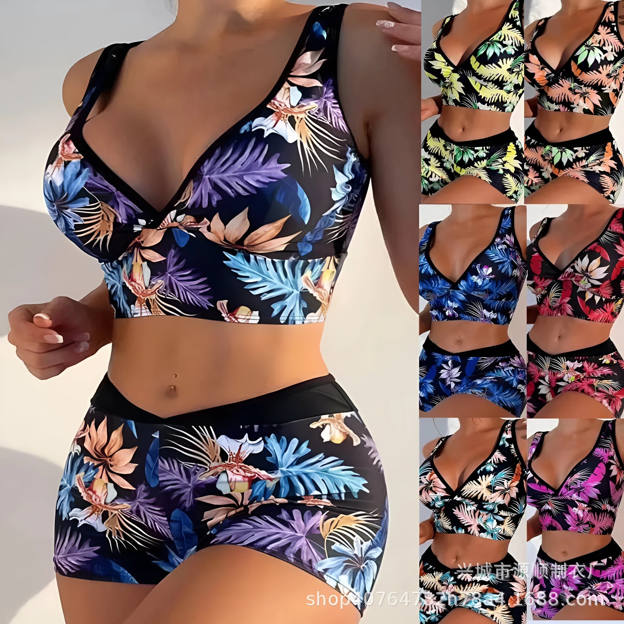 Women's two-piece swimsuit set with printed boxer shorts and a sleeveless bikini top in multiple colours.
