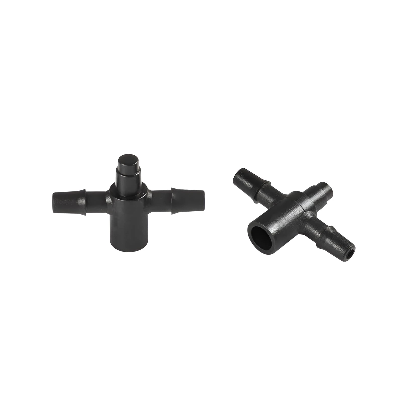 White PE plastic tee water distributor joint for micro spray garden irrigation systems.