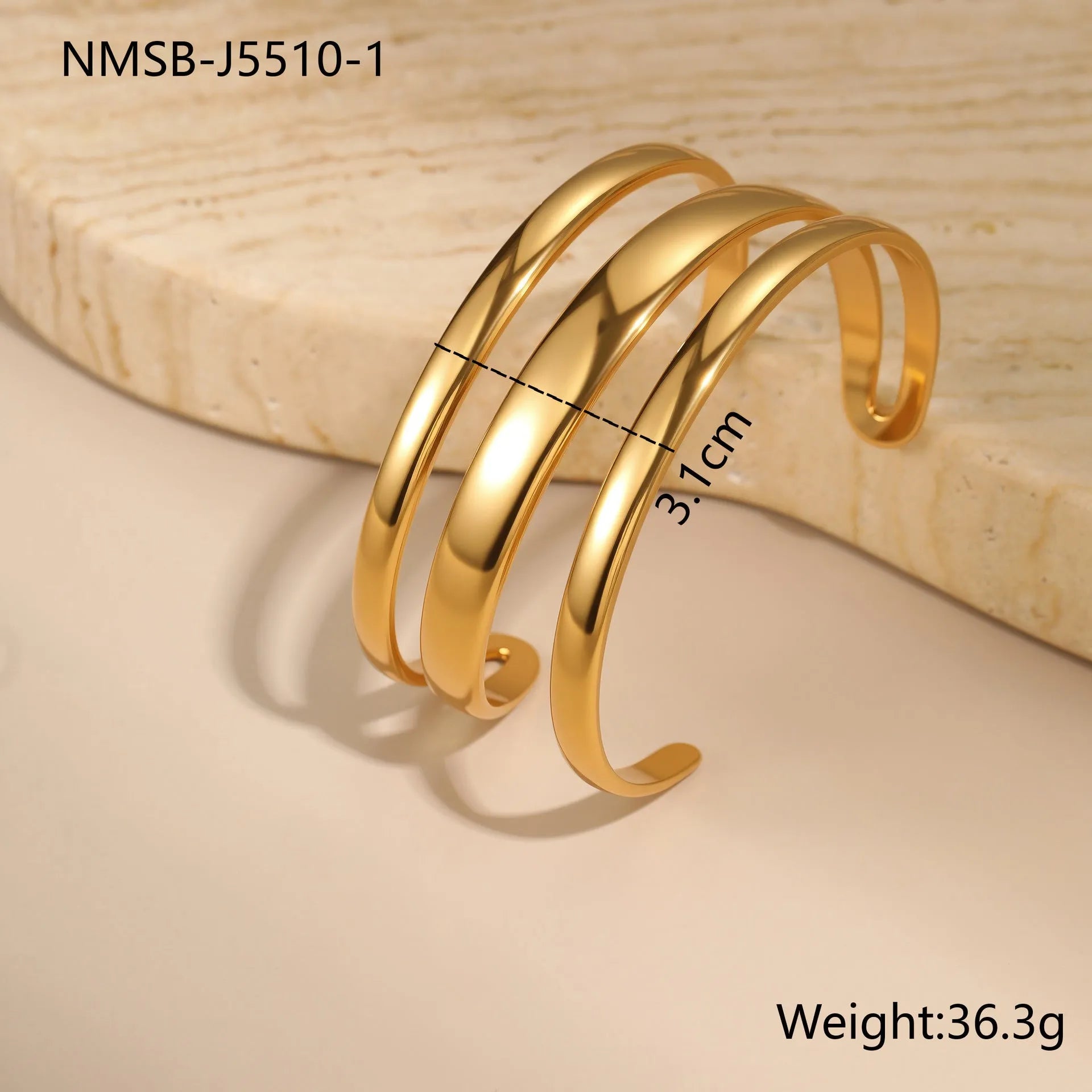 Geometric line design stainless steel women's bracelet with a simple opening clasp, shown in gold and steel colour options.