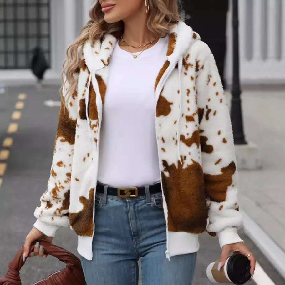 Yellow brown animal print hooded cardigan jacket with zip front