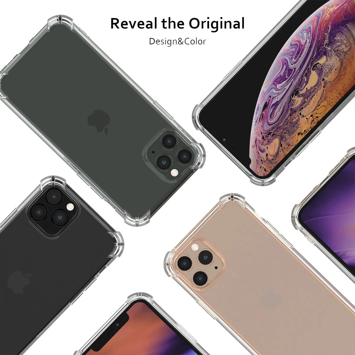 Clear transparent shockproof TPU phone case shown on an iPhone displaying precise button cutouts and port access