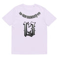 Grey loose-fitting cotton short sleeve t-shirt with a round neck on a hanger.