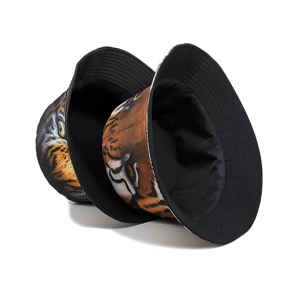 Tiger pattern polyester bucket hat with dome crown in khaki or black colour