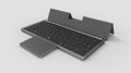Black and grey three-in-one wireless Bluetooth keyboard with touch pad and leather sheath stand for iPad.