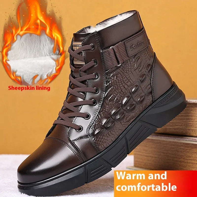 Women's black fur-lined leather snow boots with rubber soles and lace-up front