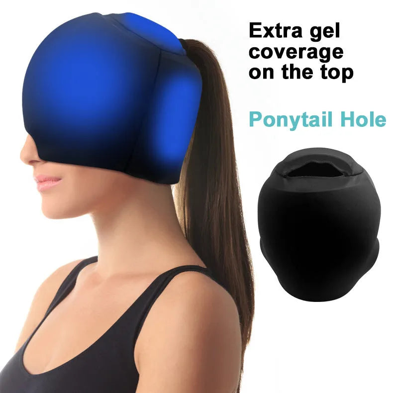 Solid colour cold compress cap for migraine relief in black, dark blue, or pink