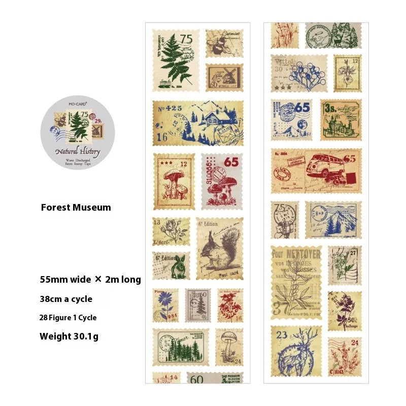 Roll of 55mm wide retro decorative stamp tape for journaling, showing one of four vintage design collections.