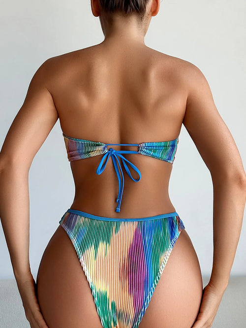 Colour printed two-piece bikini set with a tube top and briefs on a mannequin.