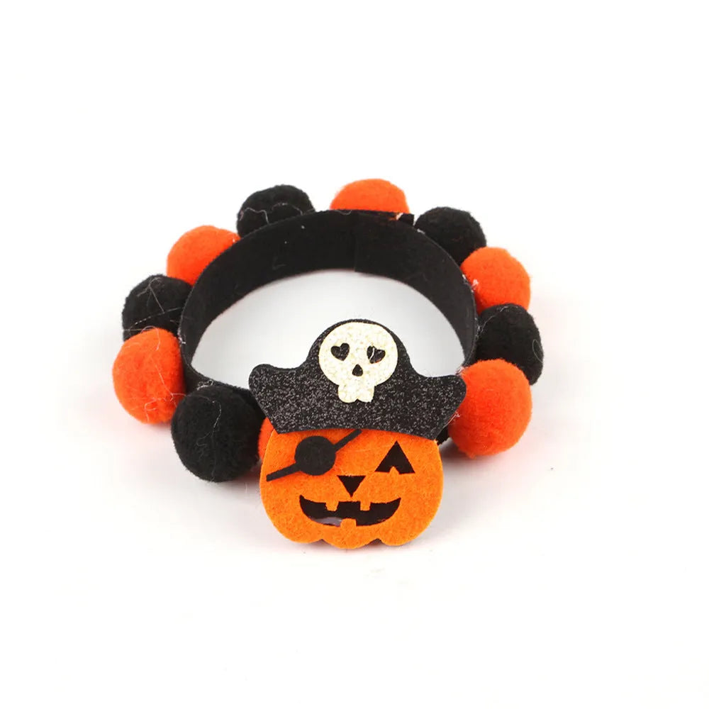 Halloween pet collar with fur ball decorations in pumpkin, skull, witch and bow designs
