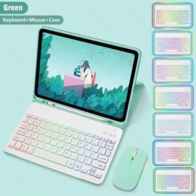 Colourful iPad leather case with attached luminous RGB backlit Bluetooth keyboard on a desk.