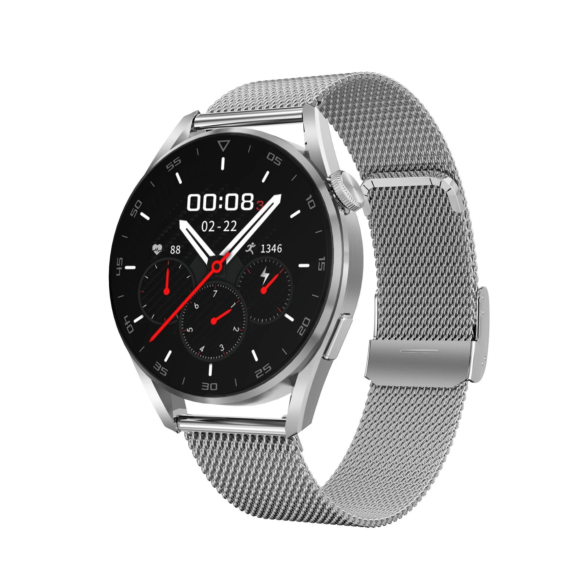 Bluetooth smart watch with metal wristband showing 1.3-inch touchscreen displaying phone call interface
