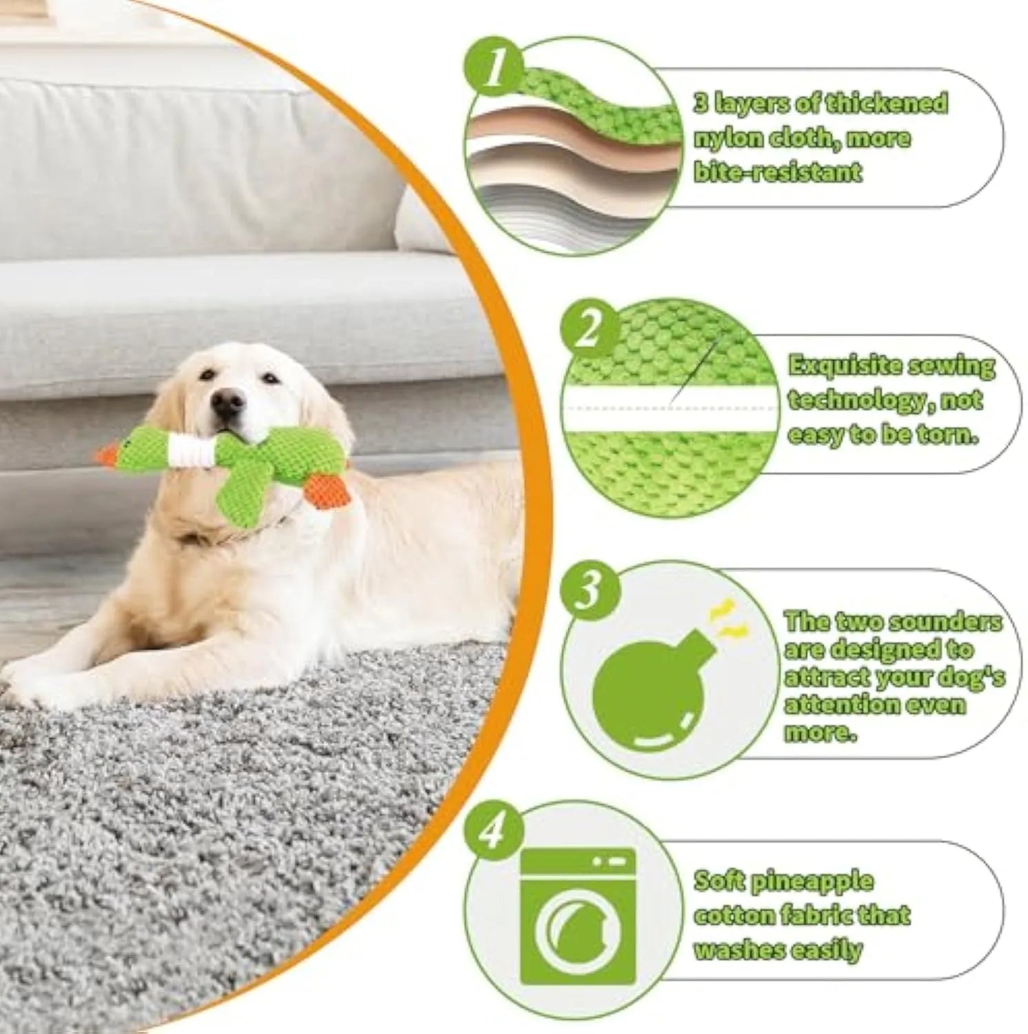 Blue, green, and grey duck-shaped durable dog plush toy with squeaker for chewing and play