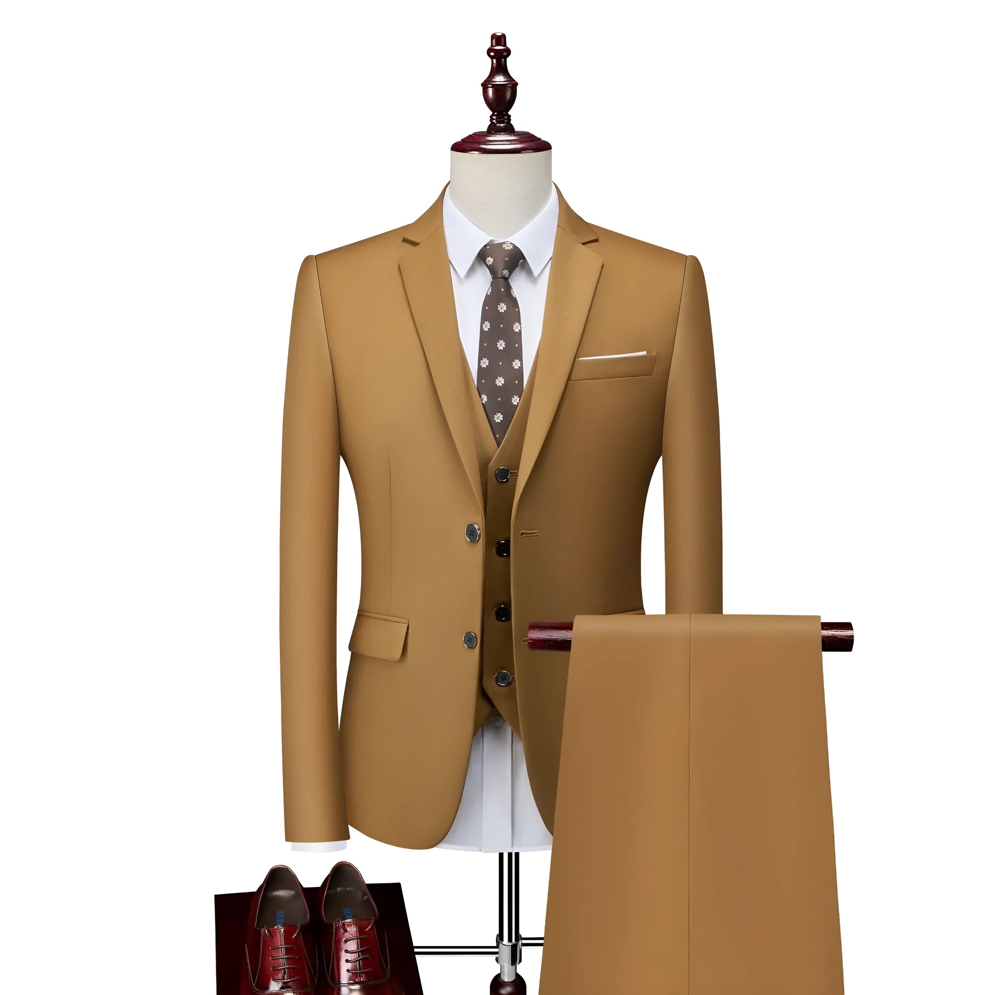 Men's slim fit khaki cotton blend bridegroom vest on a hanger.
