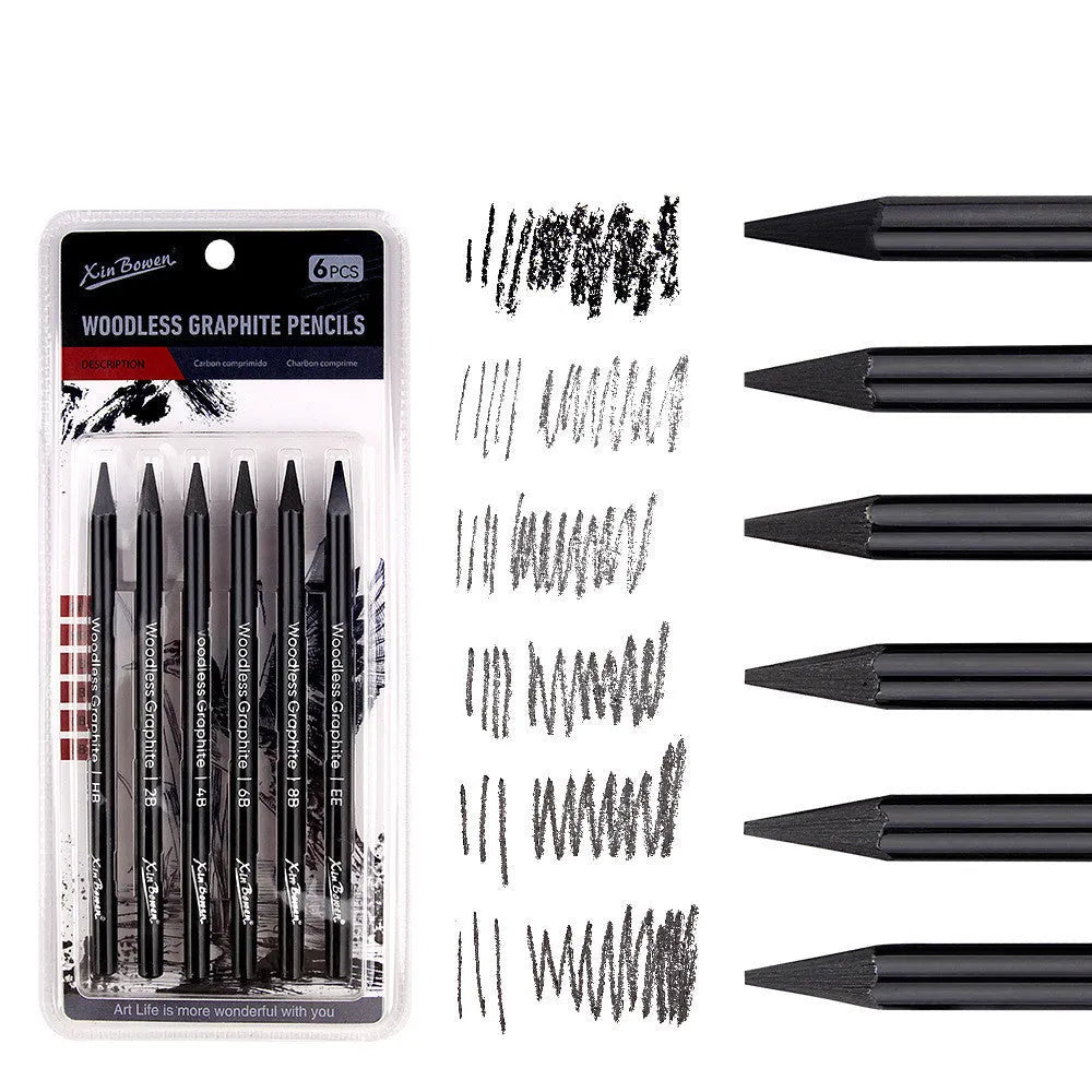 Set of six wood-free graphite sketching pencils in grades HB, 2B, 4B, 6B, 8B, and EE for art drawing.