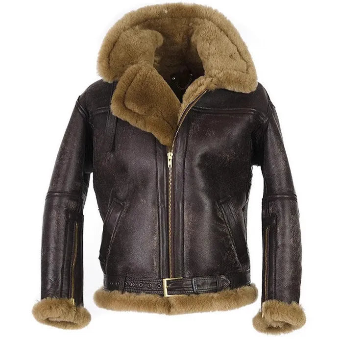 Men's brown retro faux fur winter coat with straight hem and side pockets