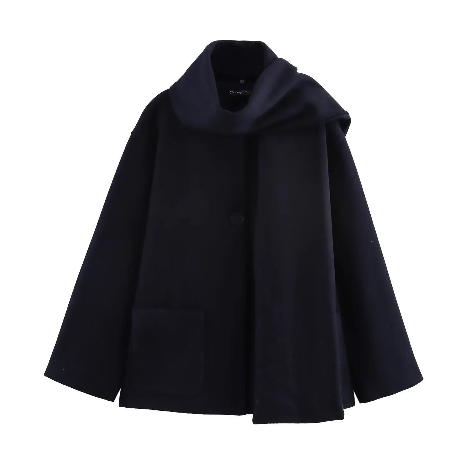Women's long black polyester overcoat with artificial fur collar, shown at full length.