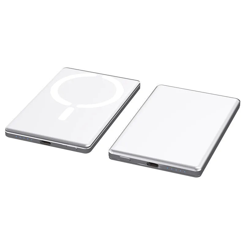 Ultra-thin magnetic power bank measuring 105x66mm in black dark gray silver violet colours