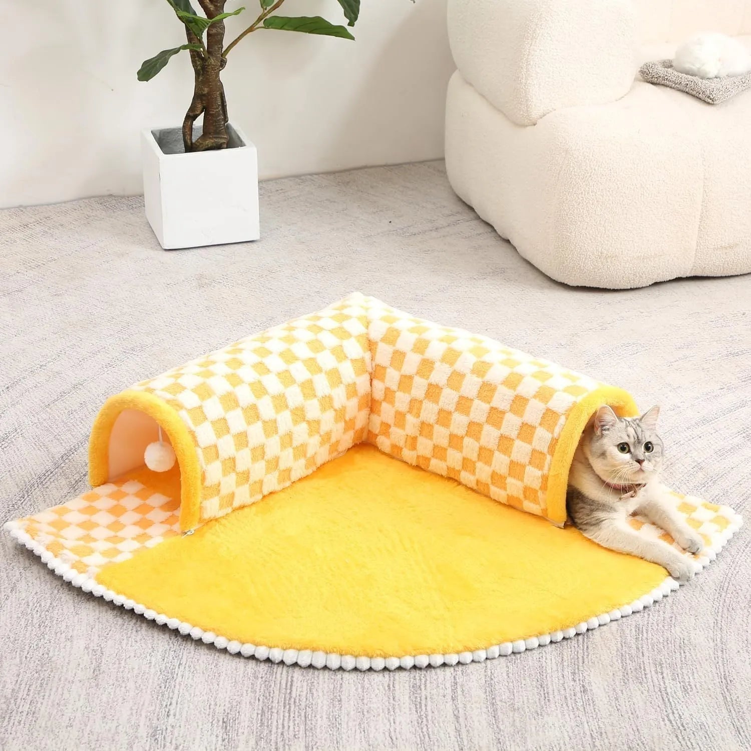 XL sized fan-shaped plush pet bed with a tunnel entrance and a thick sleeping mat, in a coffee colour with an anti-slip granular base.