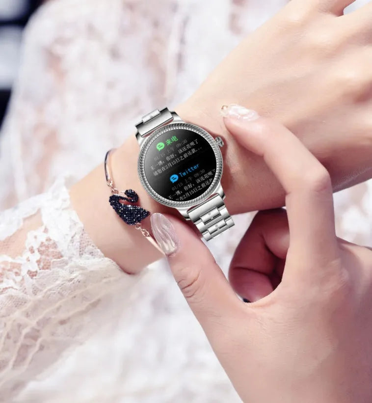 AK38 ladies smart watch with stainless steel wristband and 1.09 inch TFT colour screen