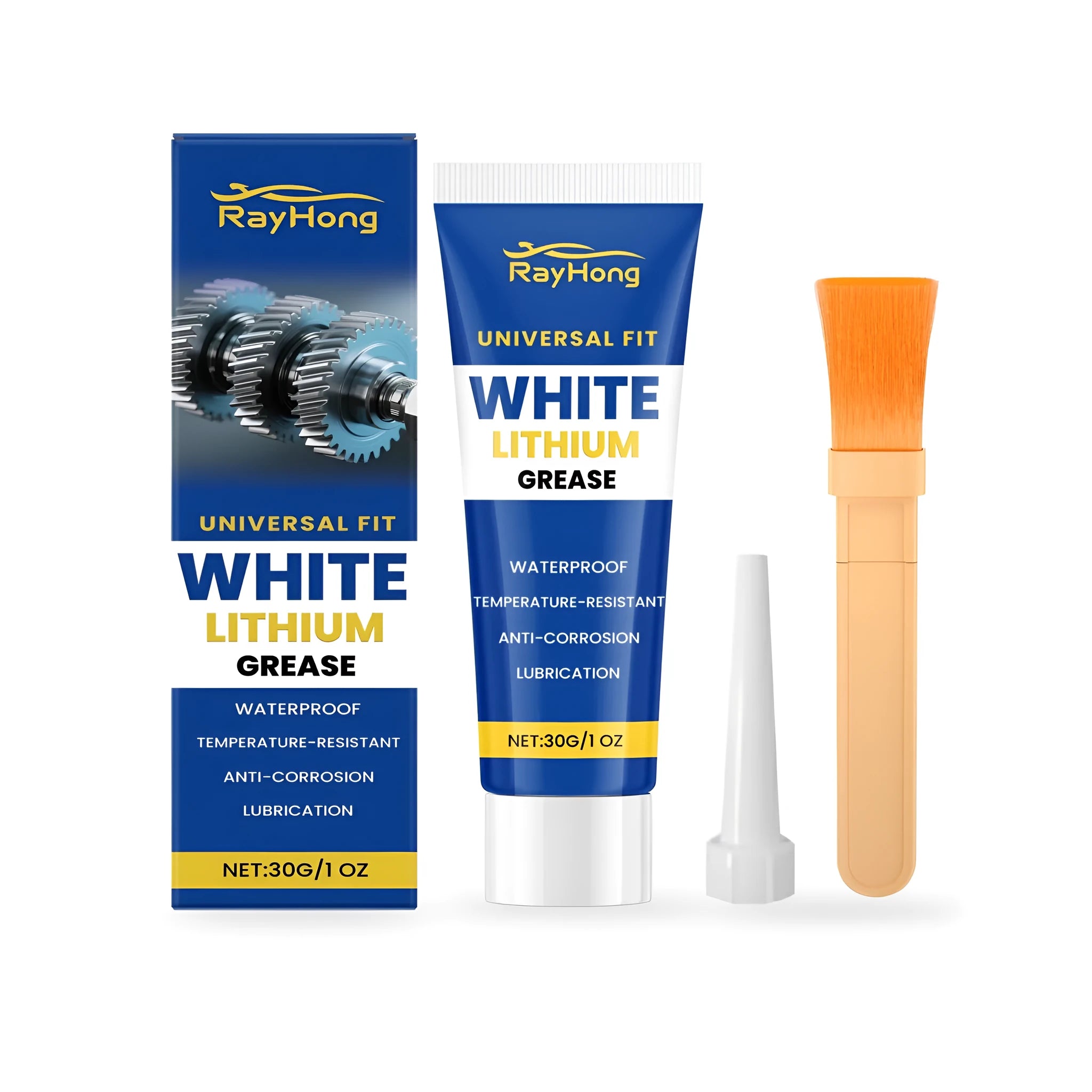 30g white lithium grease tube with brush and applicator tip for car maintenance.