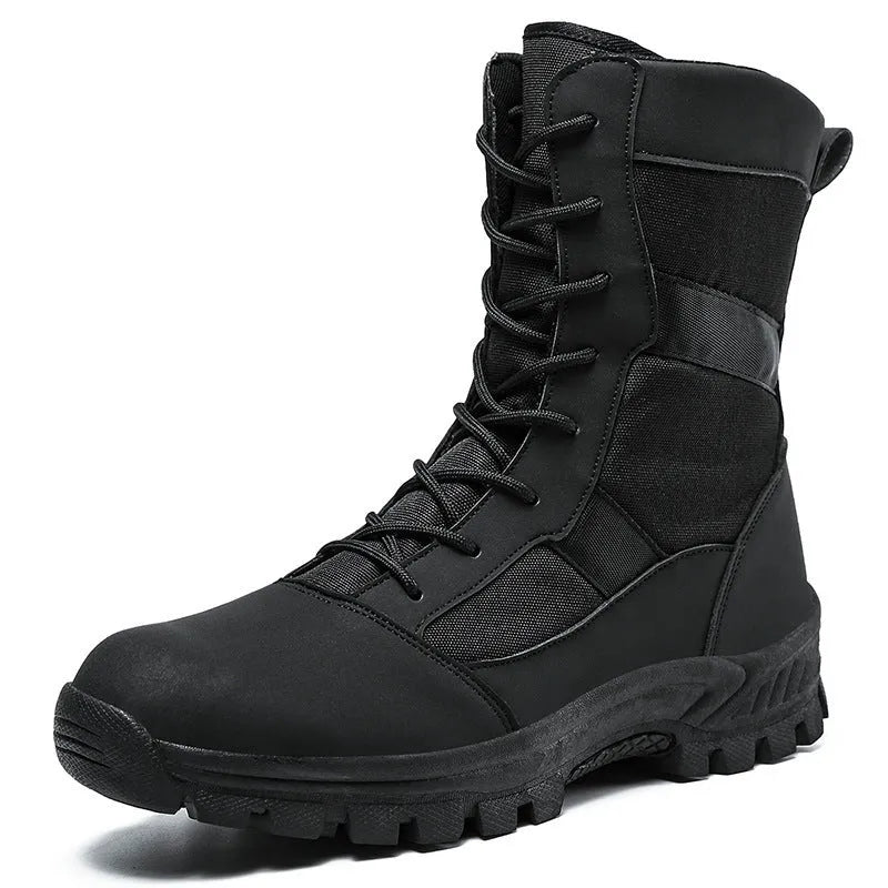 Men's black and camouflage high-top combat boots with mesh upper and totem detailing