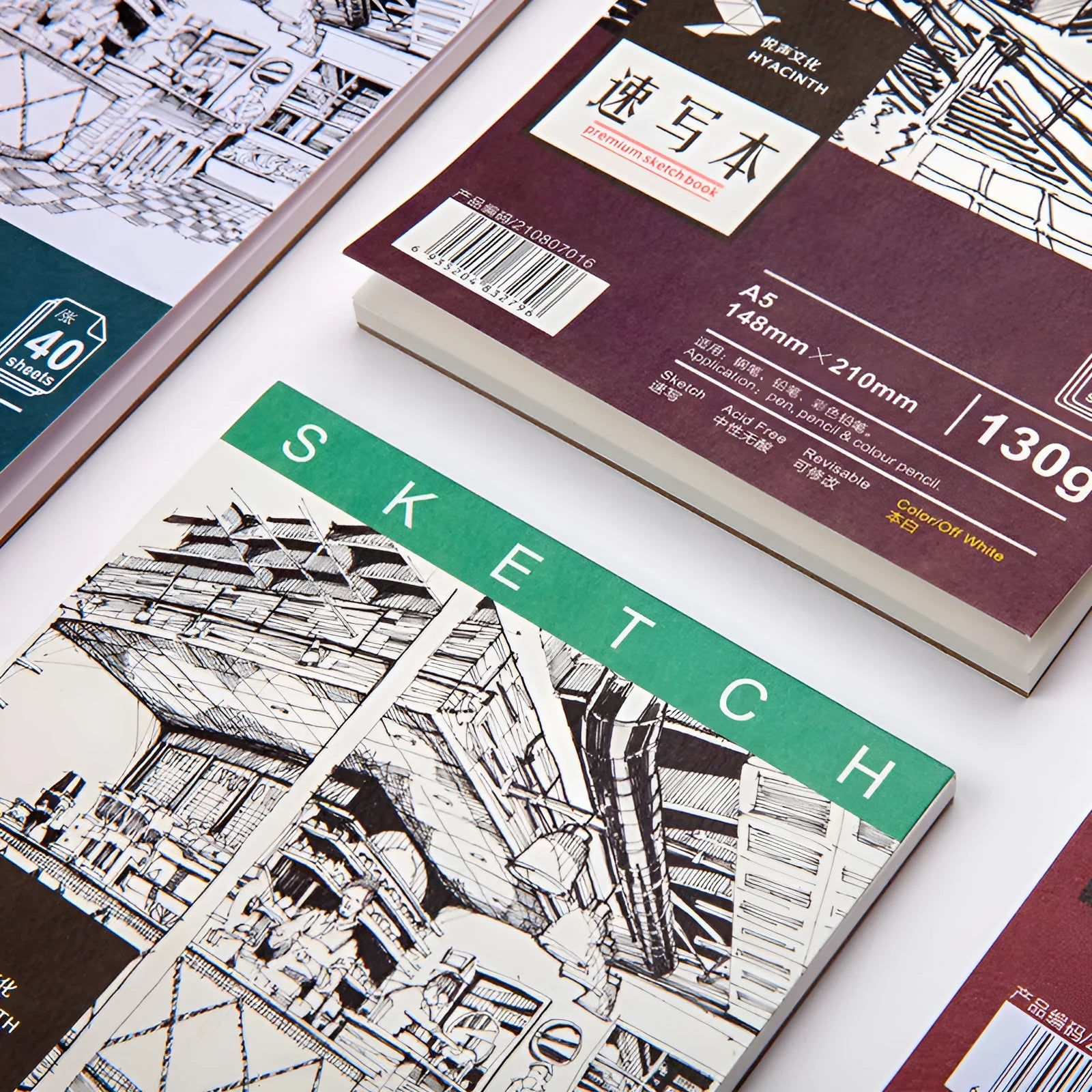A4 sketch book showing coil binding and glue binding options with paper weight specifications