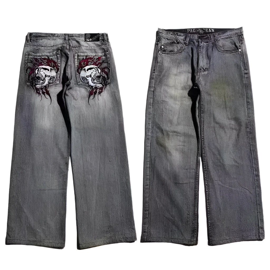 Men's grey washed-out wide-leg jeans with straight-leg opening and retro workwear design