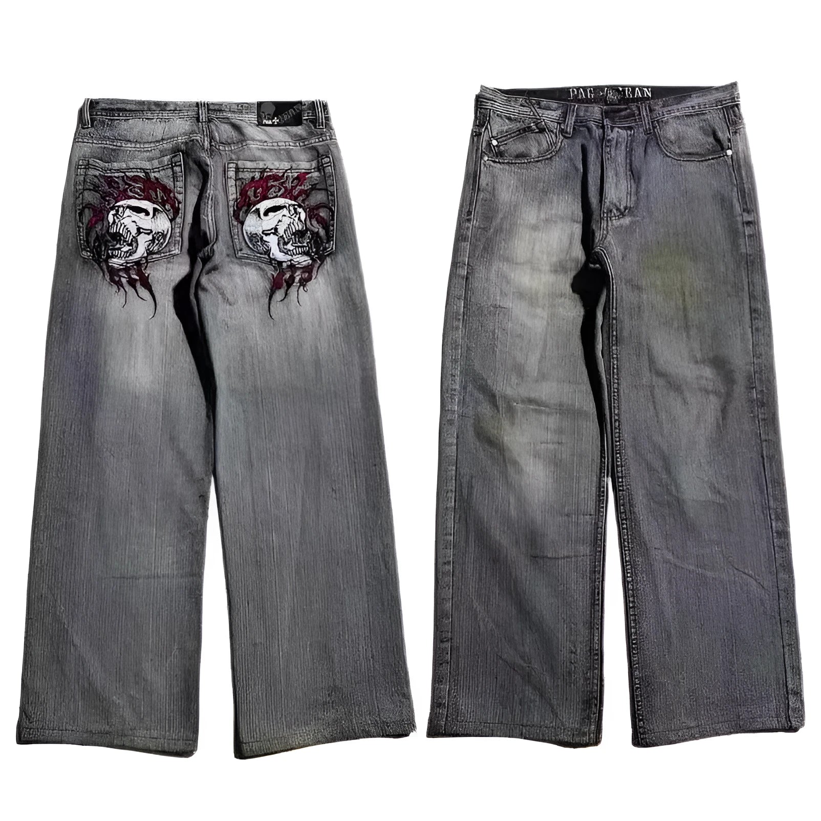 Men's grey washed-out wide-leg jeans with straight-leg opening and retro workwear design