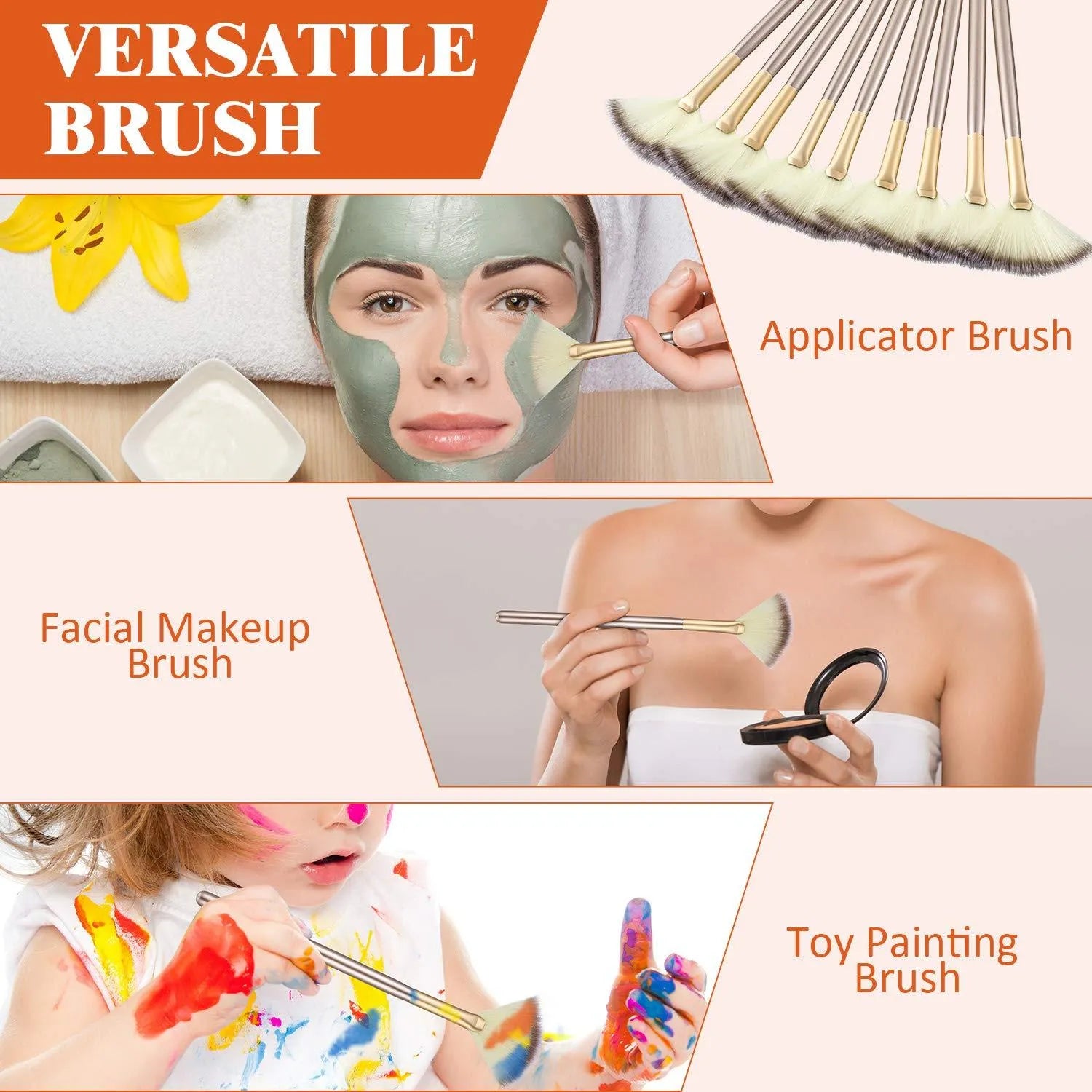 10 professional facial fan makeup brushes with champagne finish and acrylic handles, shown with brush covers.