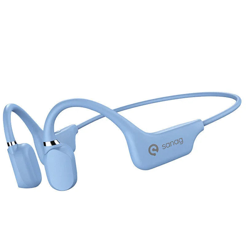 Bone conduction Bluetooth sports headset in hanging neck design, shown in multiple colour options.