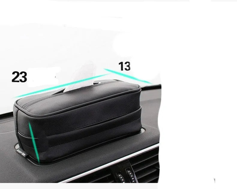 PU leather car hanging storage box bag in black colour showing dimensions and hanging strap