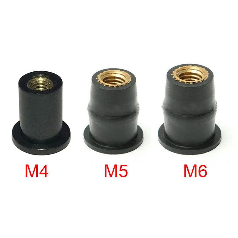 Black motorcycle windshield rubber well nut fasteners with brass threads in M4 M5 M6 sizes, kit of 10 pieces.