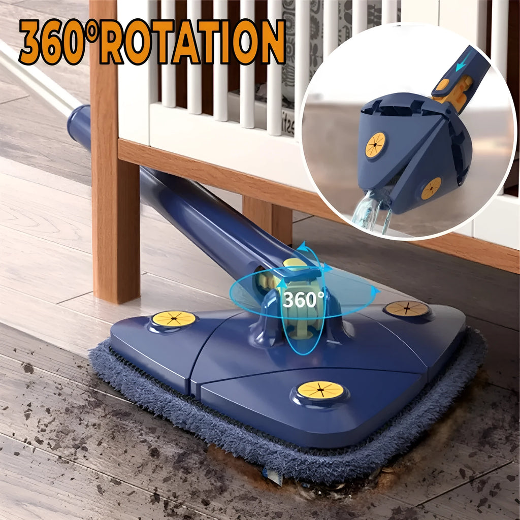 Blue triangular cleaning mop with 360-degree rotating head and adjustable stainless steel pole extended for use