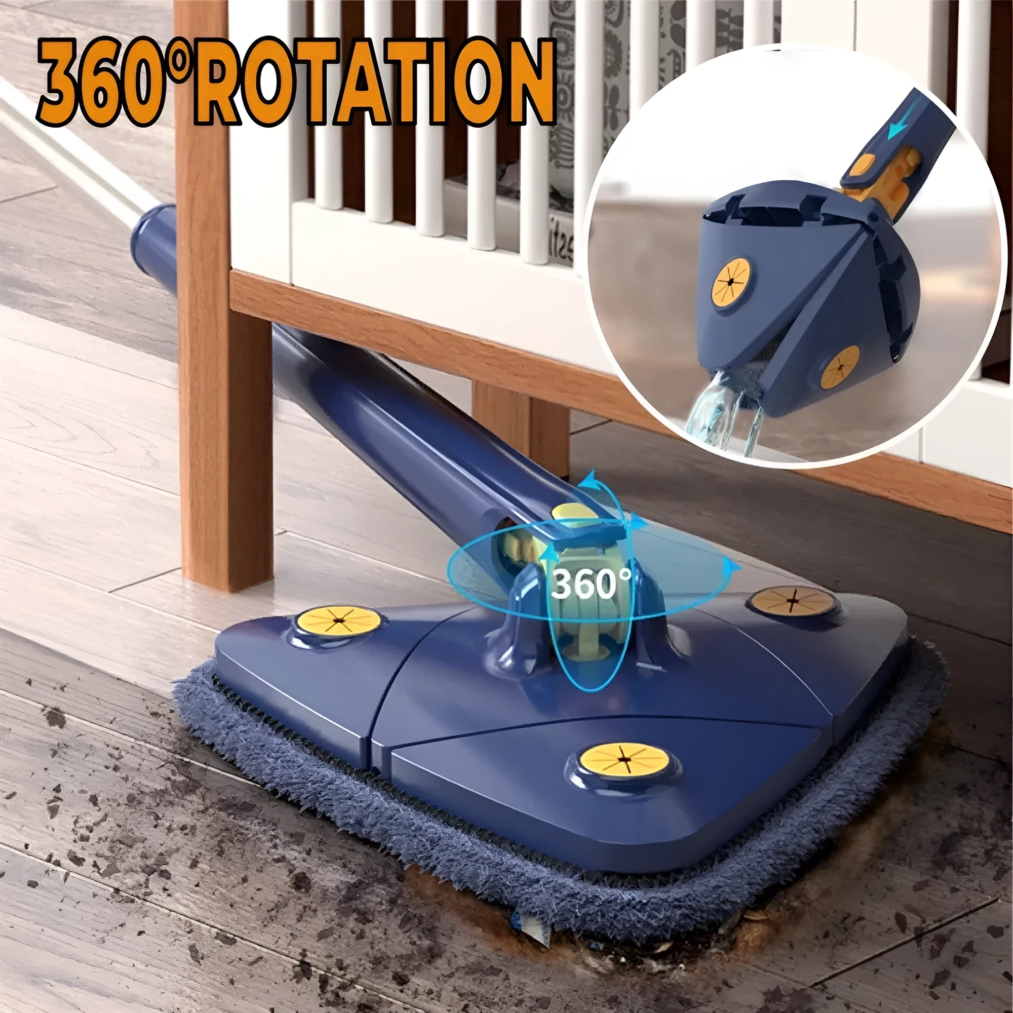 Blue triangular cleaning mop with 360-degree rotating head and adjustable stainless steel pole extended for use