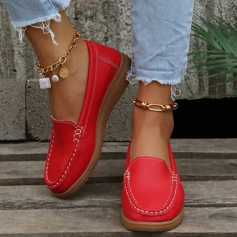 Women's PU leather loafers flats shoes in multiple colours with round toe and rubber sole