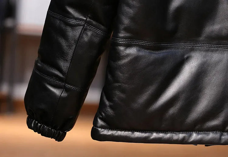 Men's black stand collar sheepskin down leather jacket with pocket decoration on a hanger