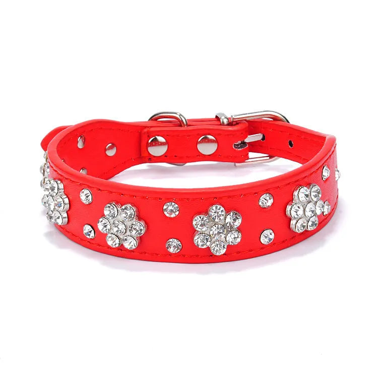 Black PU leather dog collar with rhinestone flower pattern and metal studs for small dogs