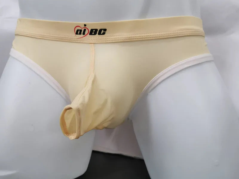 Men's mid-waist ice silk briefs in army green showing thin nylon fabric and bullet separation pouch design.