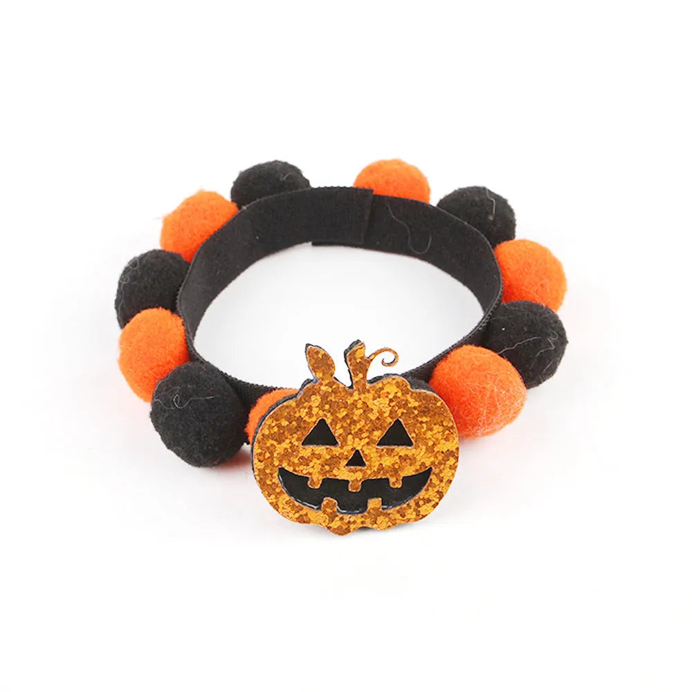 Halloween pet collar with fur ball decorations in pumpkin, skull, witch and bow designs