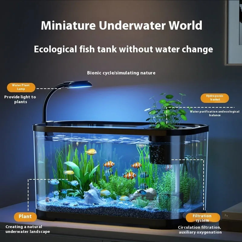 Desktop smart fish tank with integrated ecological filter and oxygen making function in luxury black colour