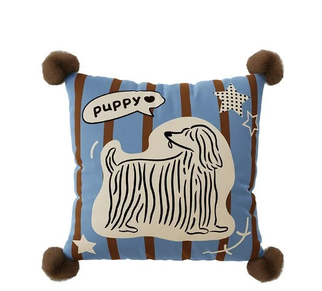 Blue cartoon animal print square sofa cushion with removable pillowcase on a grey sofa.