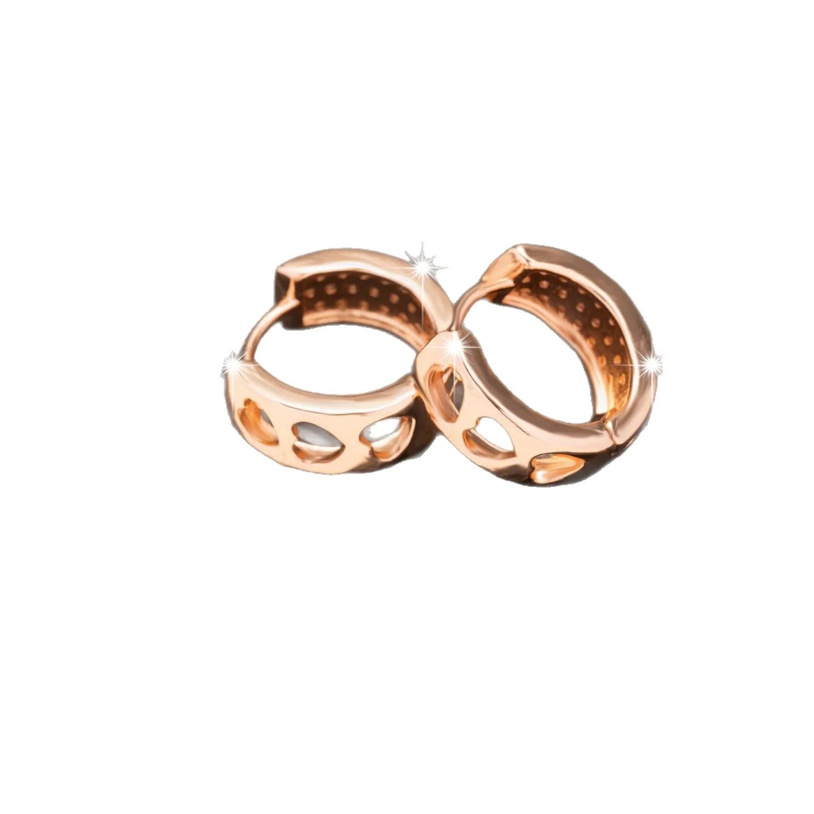 Rose gold women's earrings with a hollow heart shape and circular silhouette.