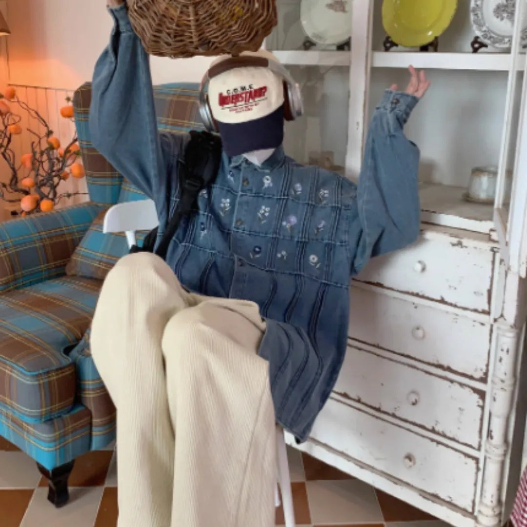 Vintage washed blue denim shirt with small floral pleats and long sleeves