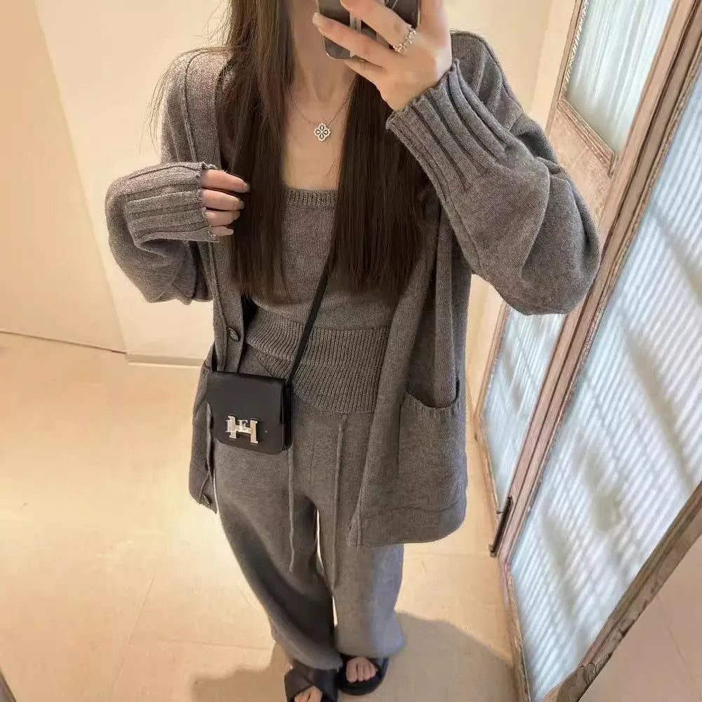 Women's knit cardigan suspender pants three-piece set in thick wool blend fabric